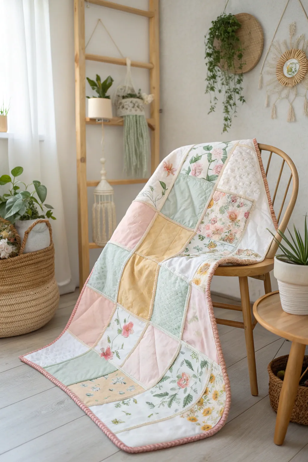 Bring the beauty of a garden indoors with a charming patchwork quilt, perfect for your little one's nursery.
