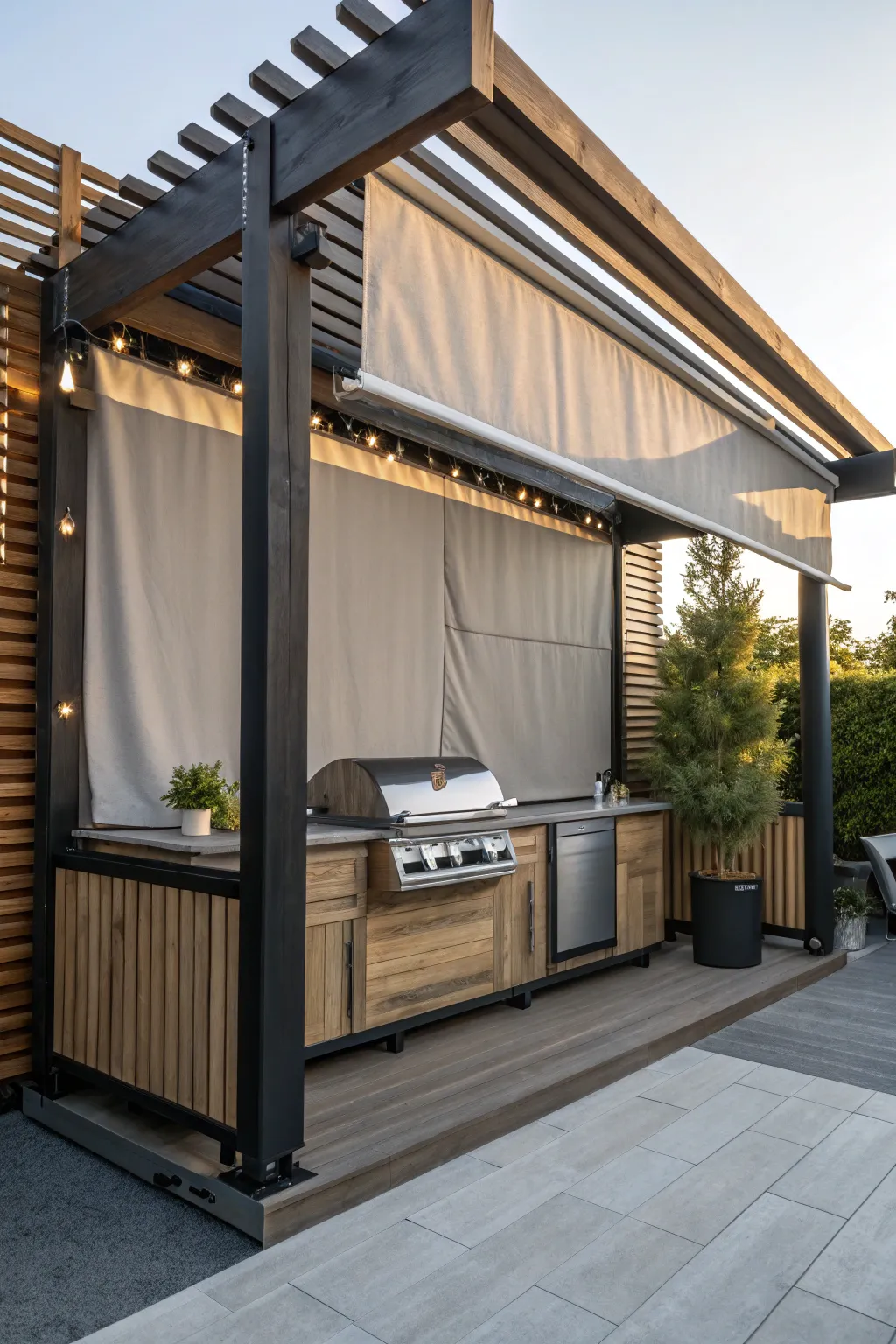 Elevate your outdoor grilling experience with chic roll-up curtains for shade and style.