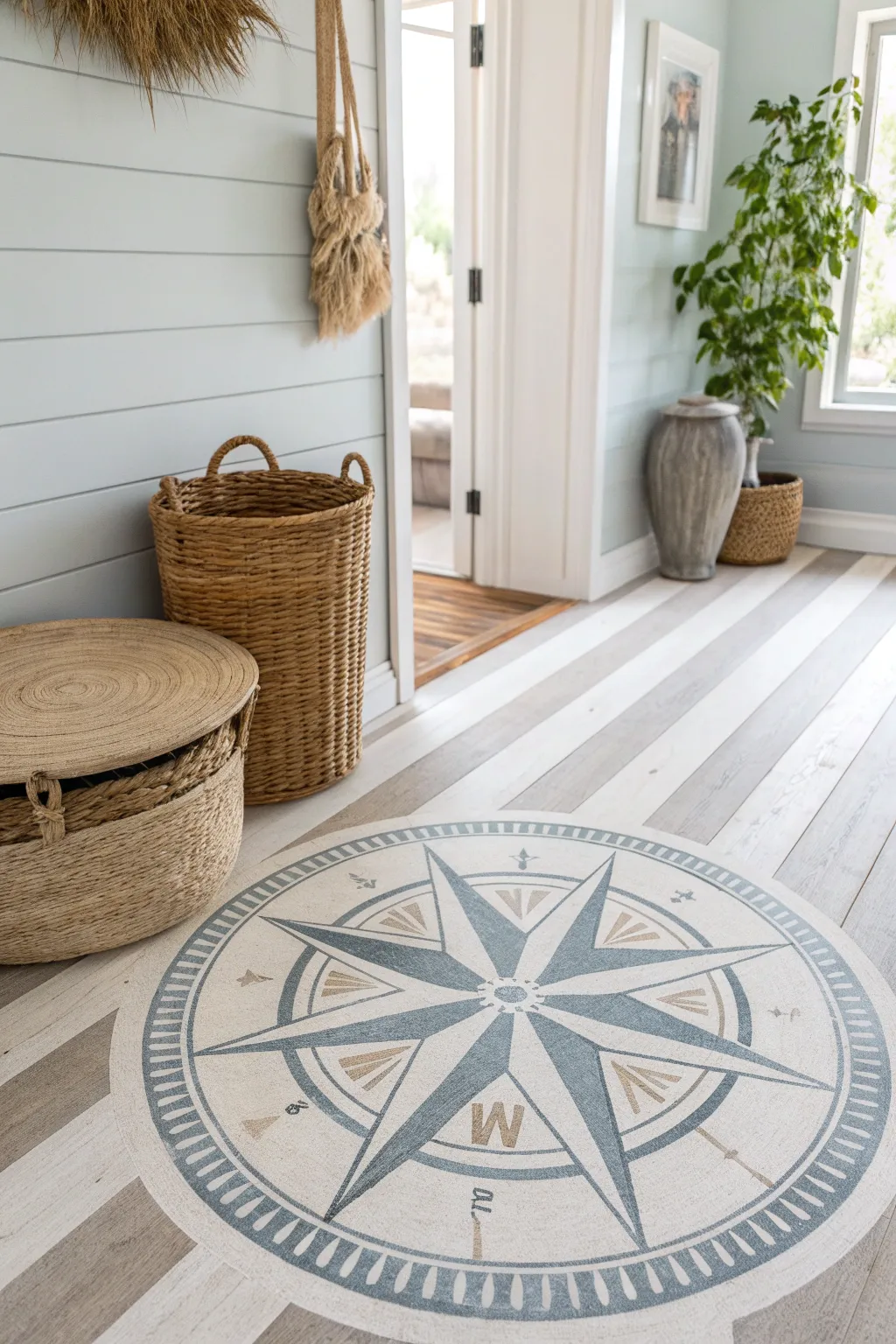 Transform your space with a nautical touch: a stunning compass rose and stripes floor design for effortless elegance.