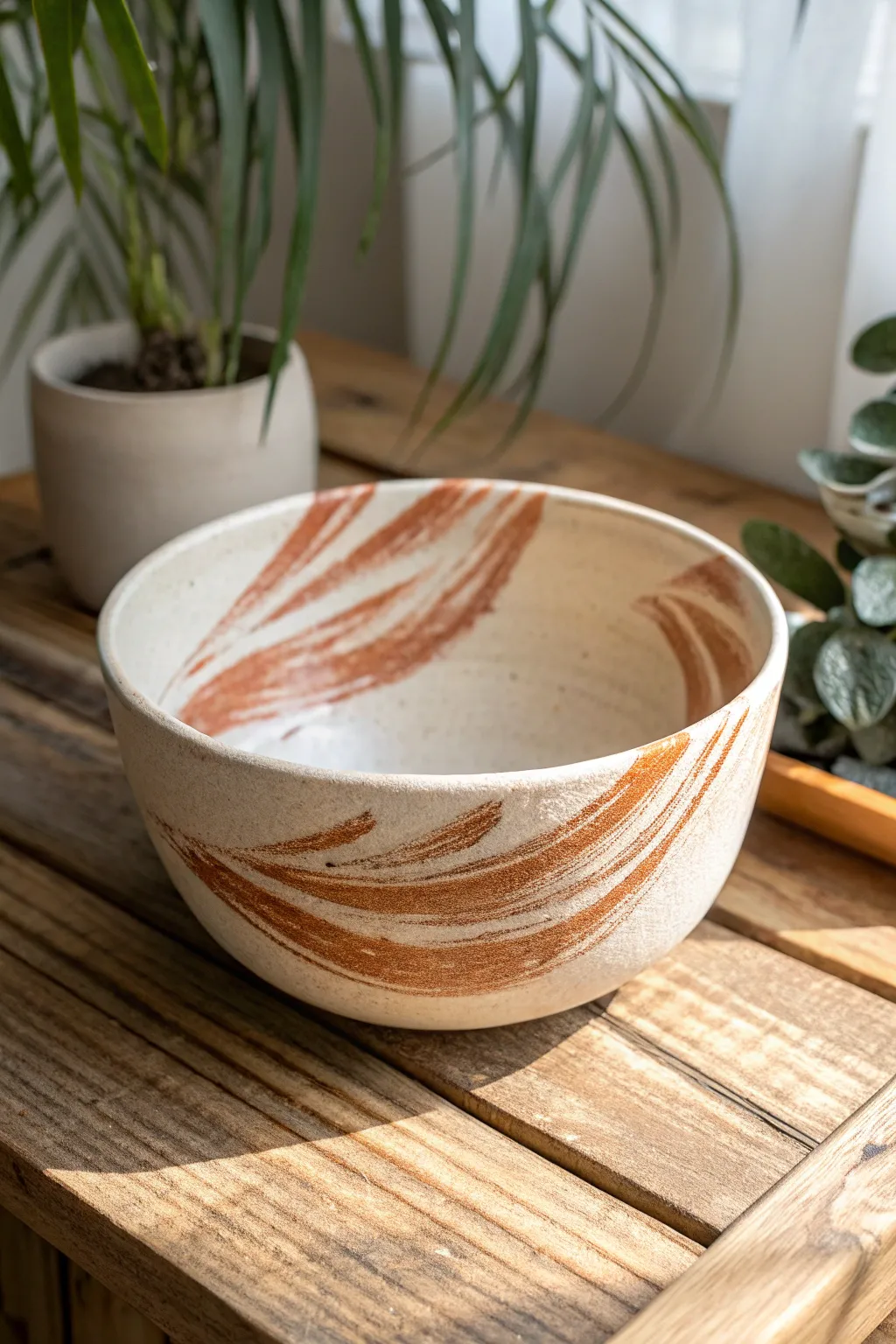 Embrace creativity with abstract brush techniques on minimalist pottery.