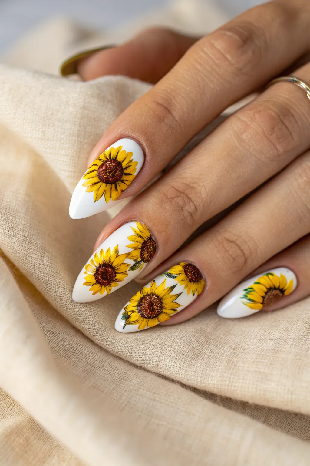 Bold & Beautiful: Embrace the elegance of sunflower stiletto nails for a striking statement.