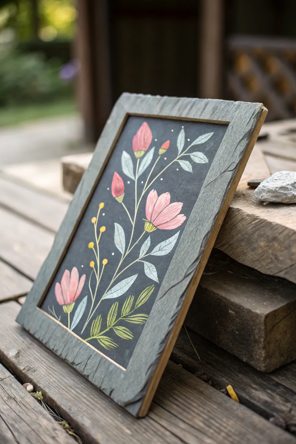 Bring the serenity of a blooming garden into your home with this exquisite slate painting.