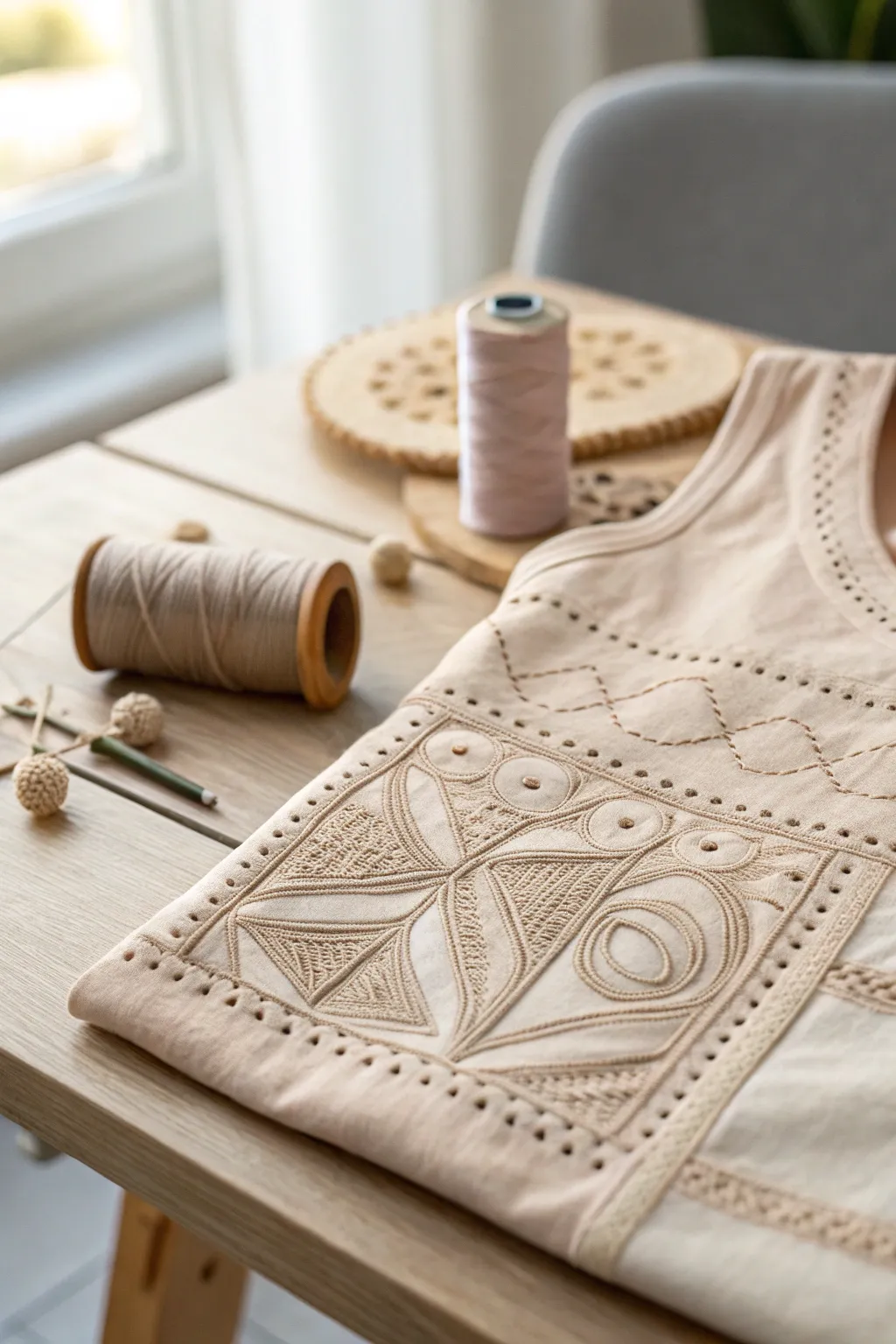 Elevate your wardrobe with handcrafted stitched inserts, where simplicity meets artistic flair.