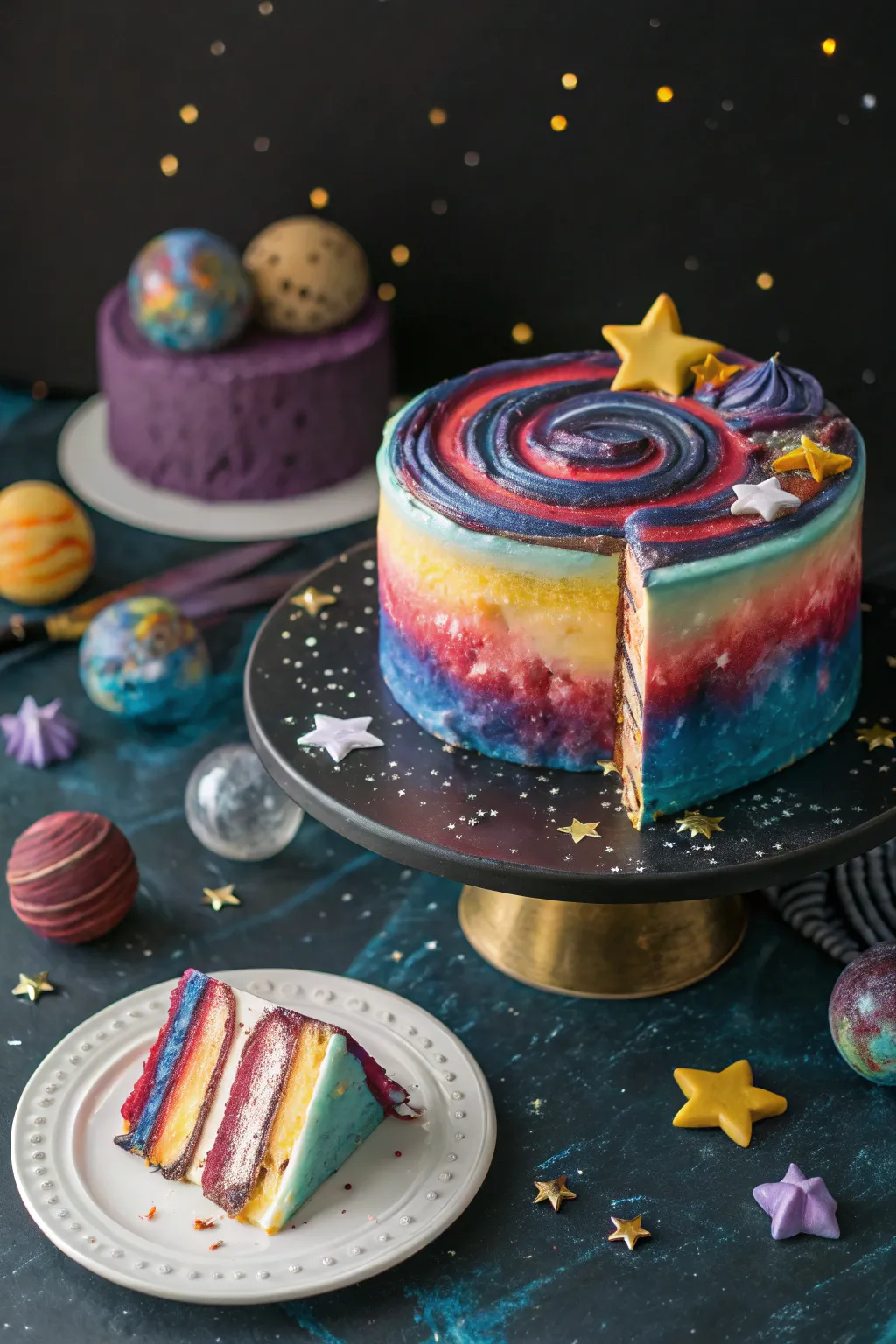 A cosmic galaxy swirl cake, perfect for an out-of-this-world sleepover.