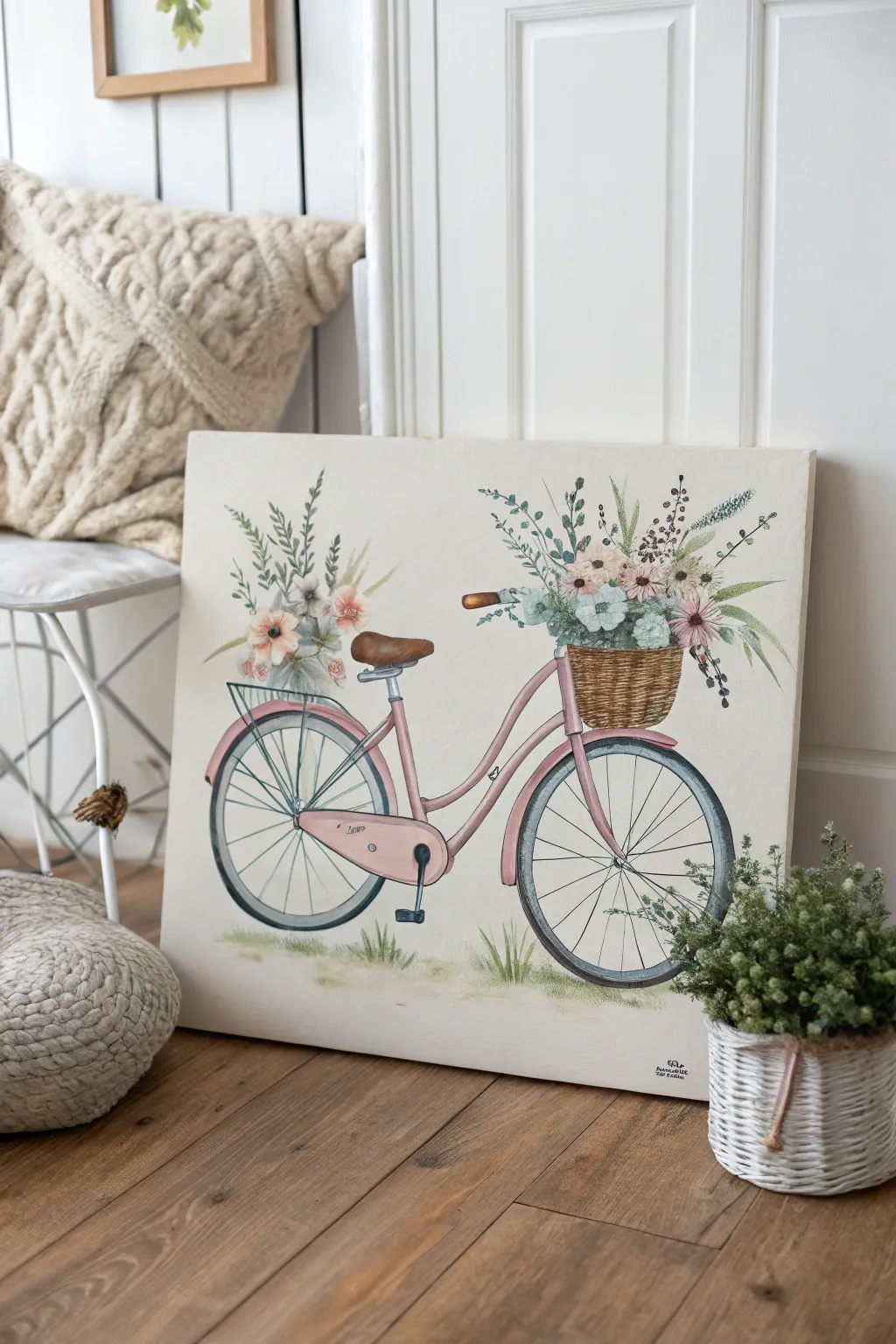 Capture the charm of a whimsical bicycle with a touch of floral beauty.