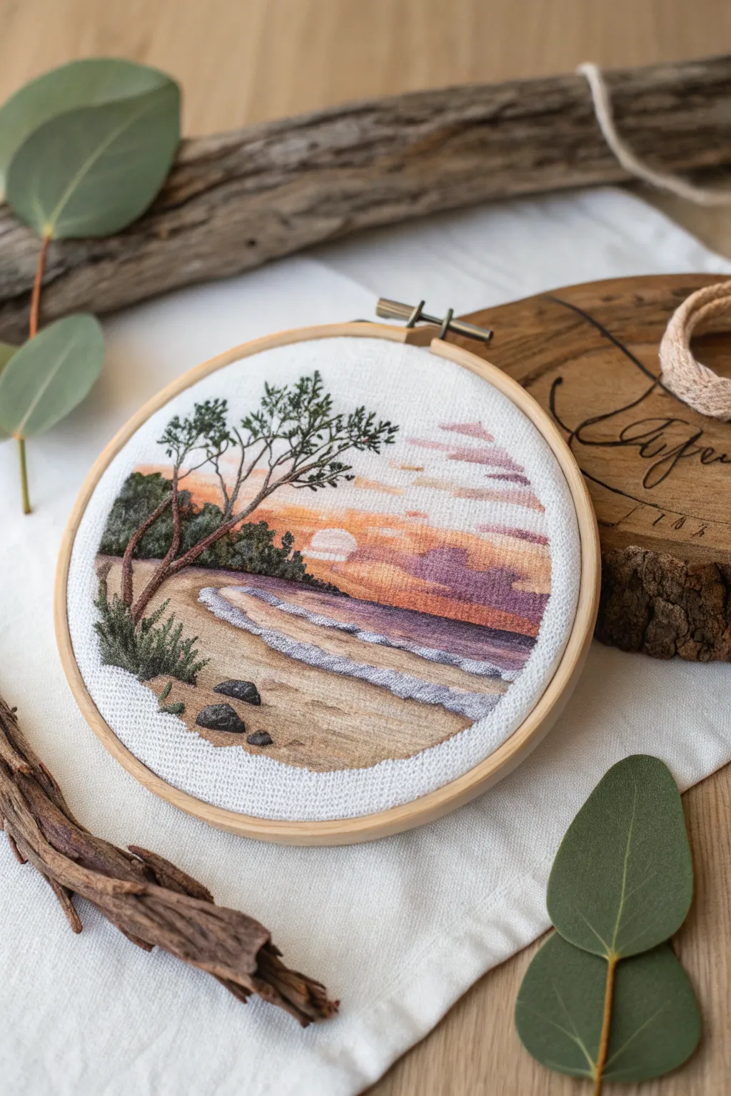 Capture tranquility in stitches with a tiny embroidered landscape that brings your favorite memories to life.