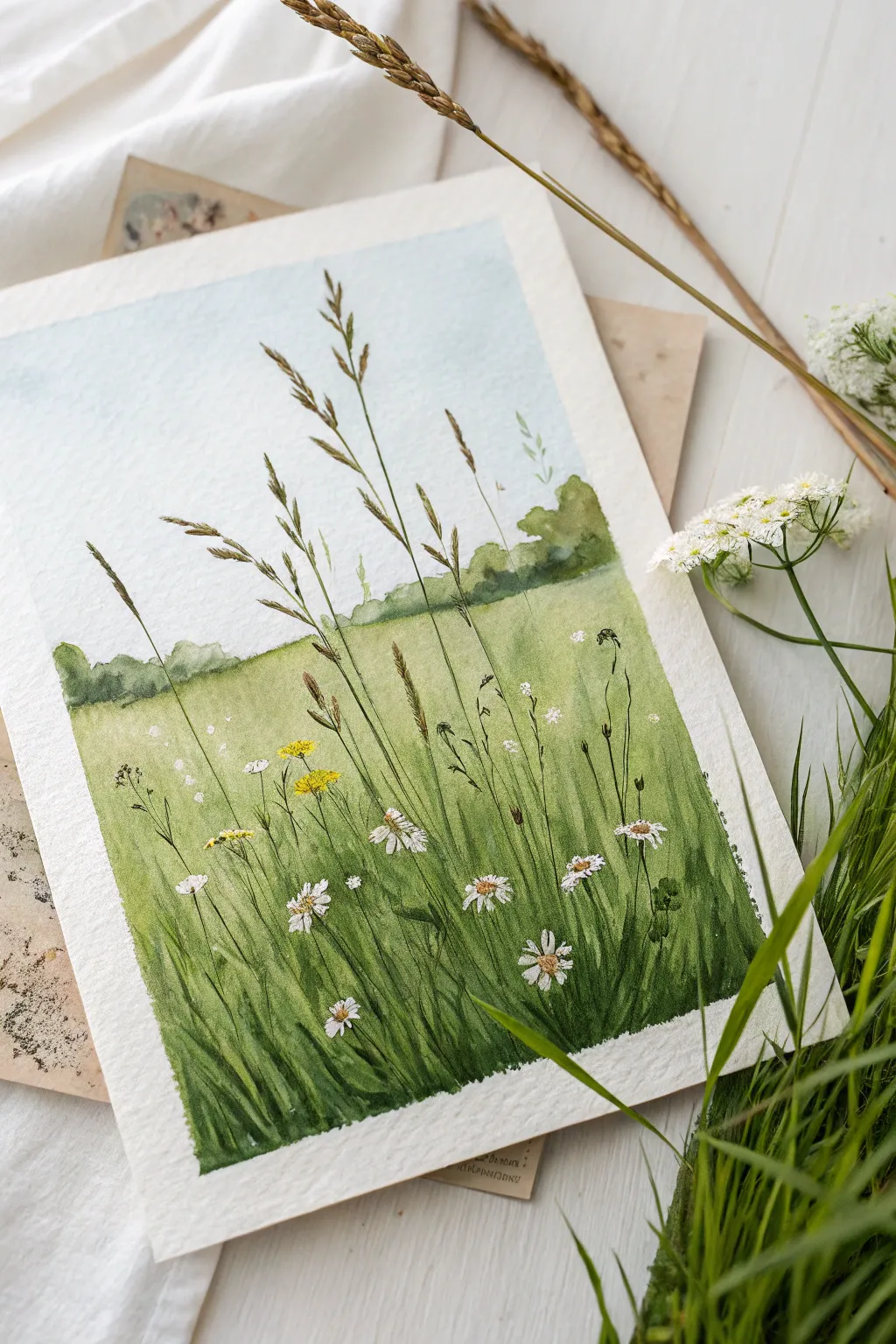 Immerse in the serene beauty of lush meadows, captured in watercolor elegance.