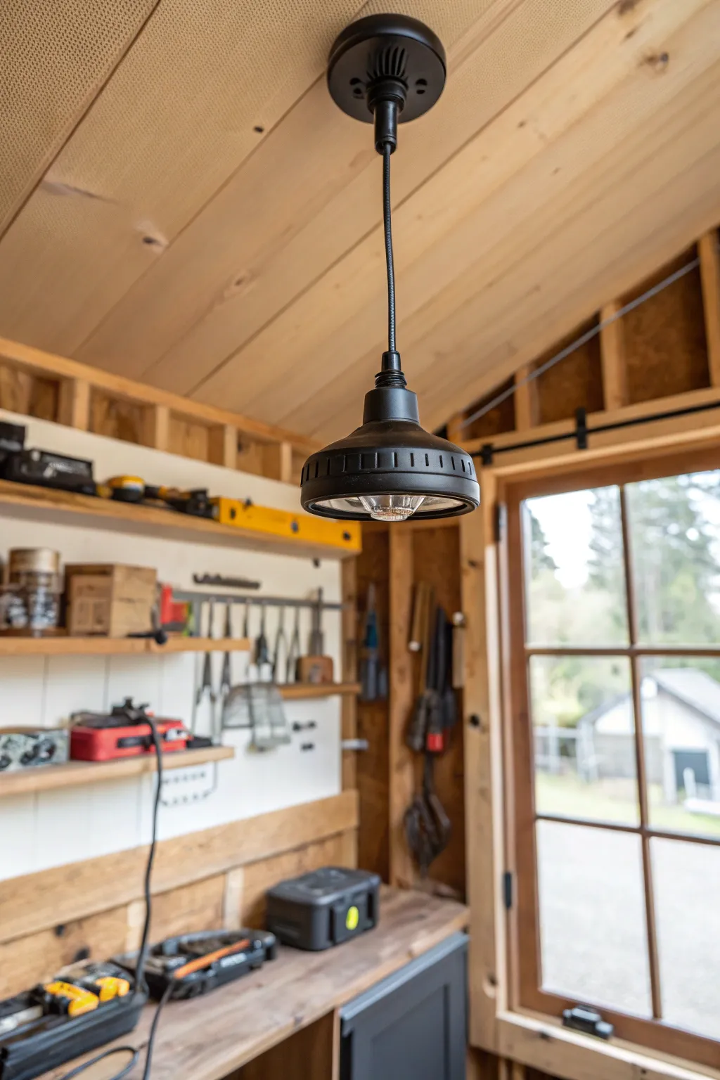 Elevate your workshop's efficiency with a chic ceiling-mounted extension cord.