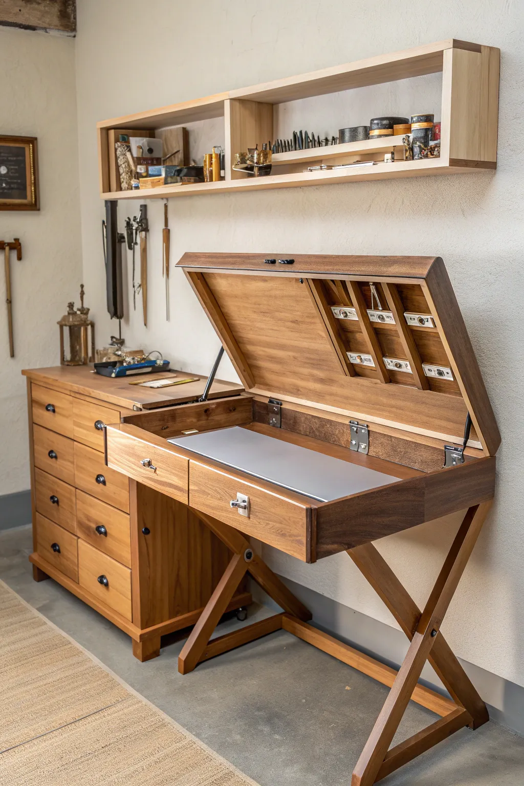 Maximize your workspace with a stylish fold-down workbench, perfect for compact woodworking shops.