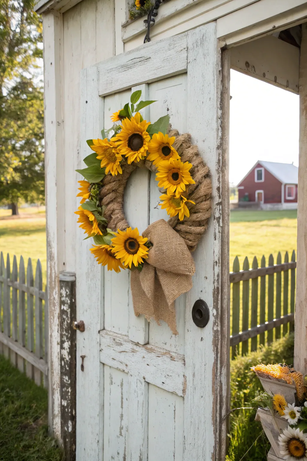 Cheerful sunflowers add brightness to this burlap wreath.