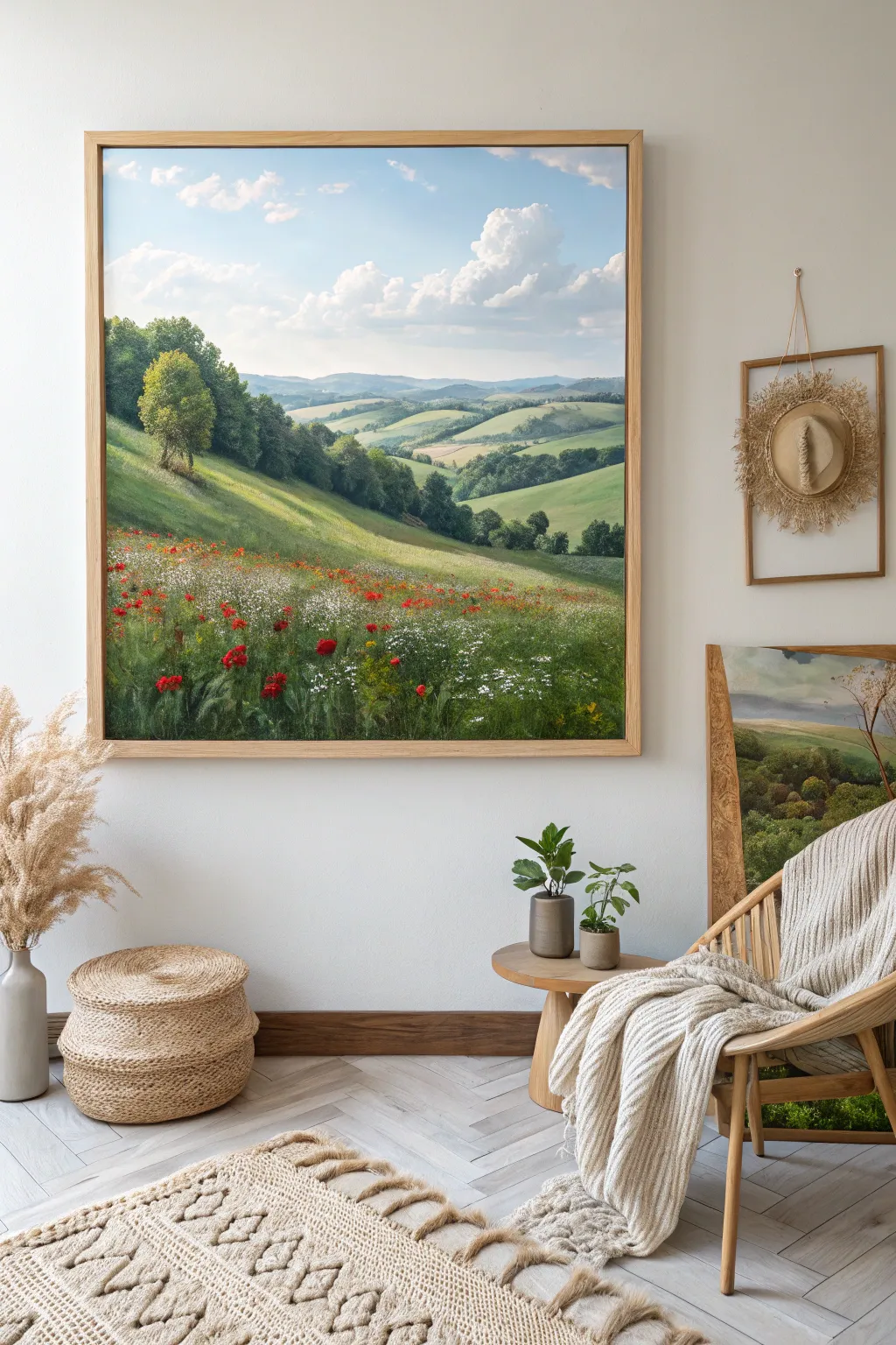 Bring the vibrancy of spring indoors with a lush green landscape painting, perfect for adding a touch of nature's beauty to your minimalist space.
