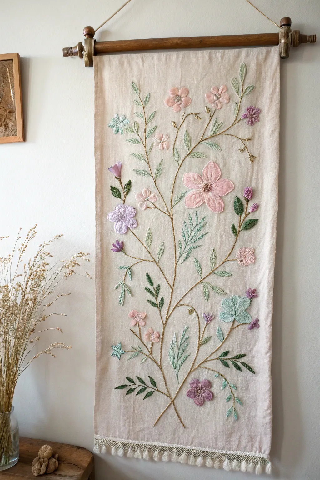 Celebrate spring with a handcrafted floral fabric wall hanging that brings nature's beauty into your home.