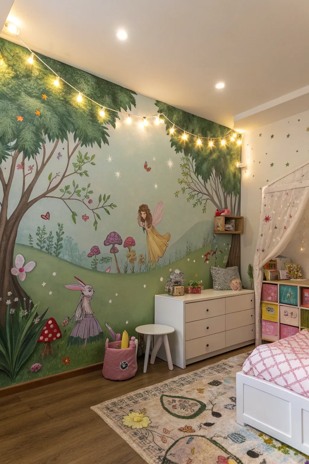 A vibrant children's bedroom with a fairy garden mural.