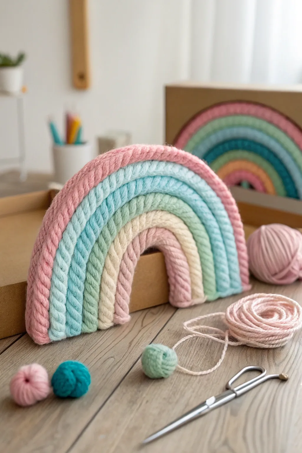 Crafting joy: A minimalist touch to St. Patrick's Day with a yarn-wrapped rainbow.