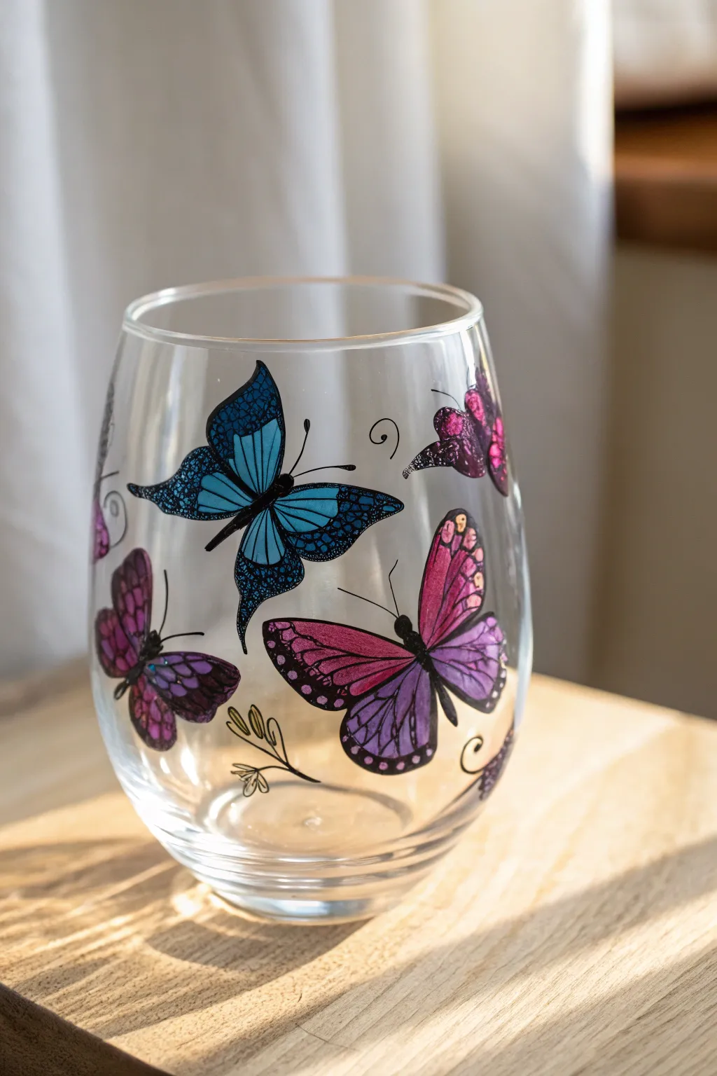 Embrace whimsy with hand-painted butterflies on stemless wine glasses, where each piece is a unique masterpiece.