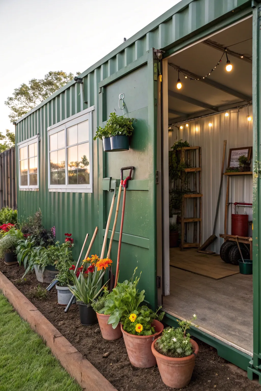 A shipping container serving as a charming garden shed.