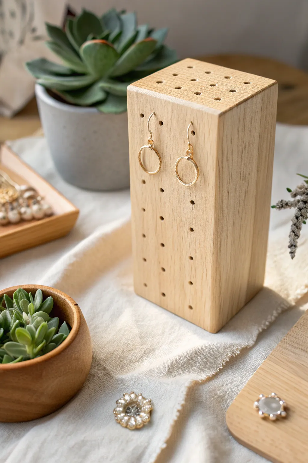 Embrace rustic elegance with a handcrafted wooden block earring stand—where simplicity meets style.