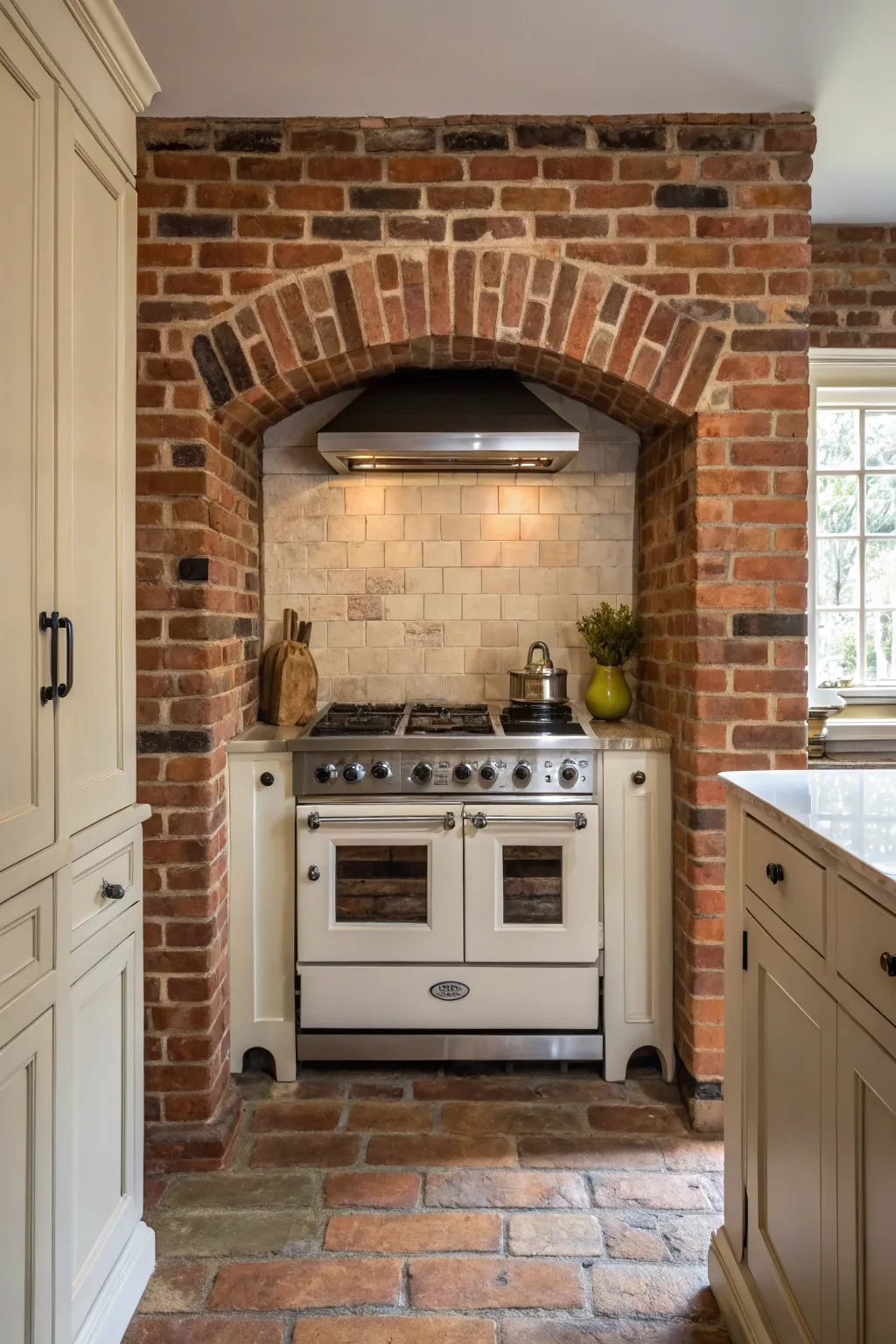 A timeless stove alcove with exposed brick, adding character and warmth to the kitchen.