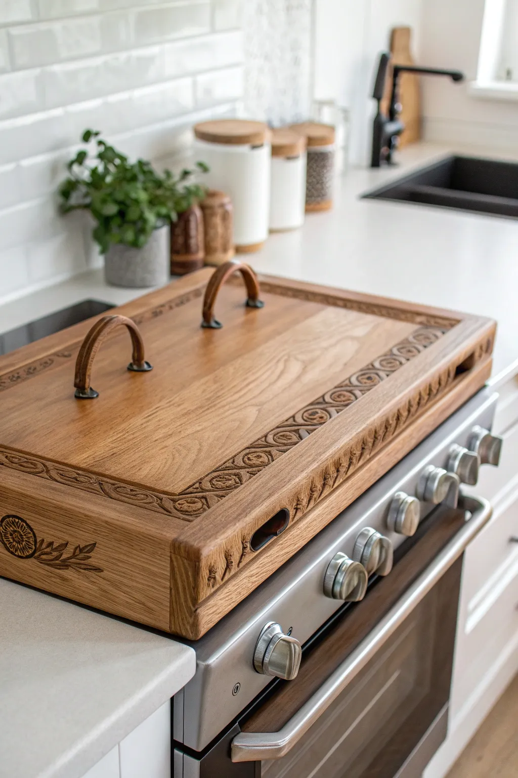 Transform your kitchen with custom-crafted handles for your stove cover, where simplicity meets bespoke elegance.