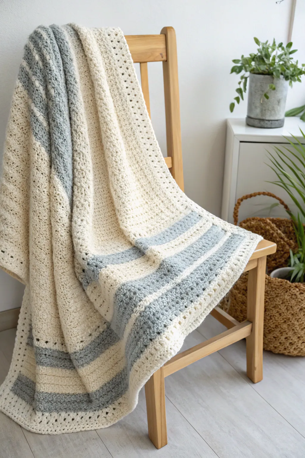 Embrace the beauty of simplicity with this two-tone striped crochet blanket, perfect for a minimalist haven.