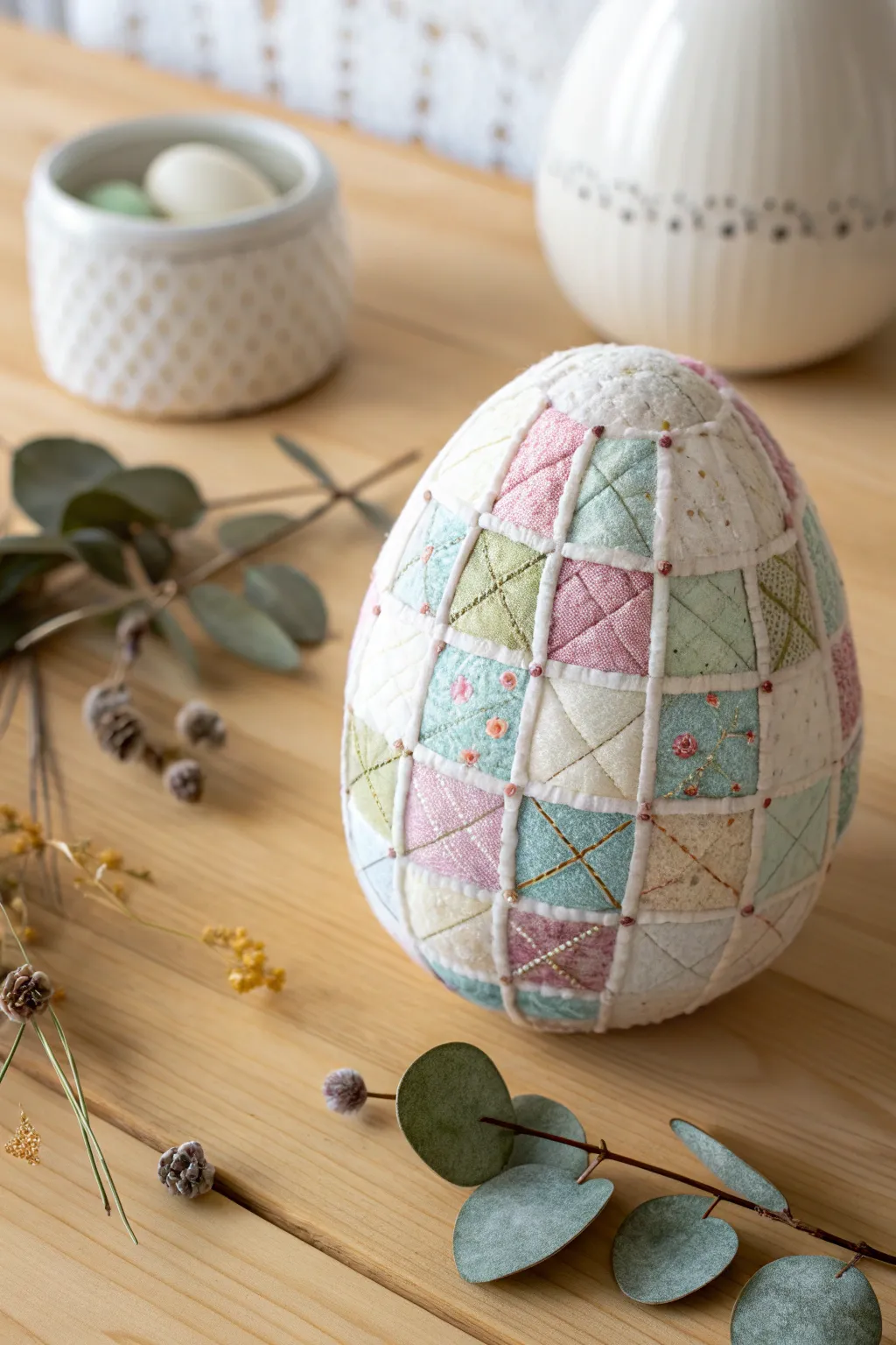 Embrace the cozy charm of patchwork with this stylish styrofoam egg craft, perfect for adding a touch of warmth to your minimalist decor.