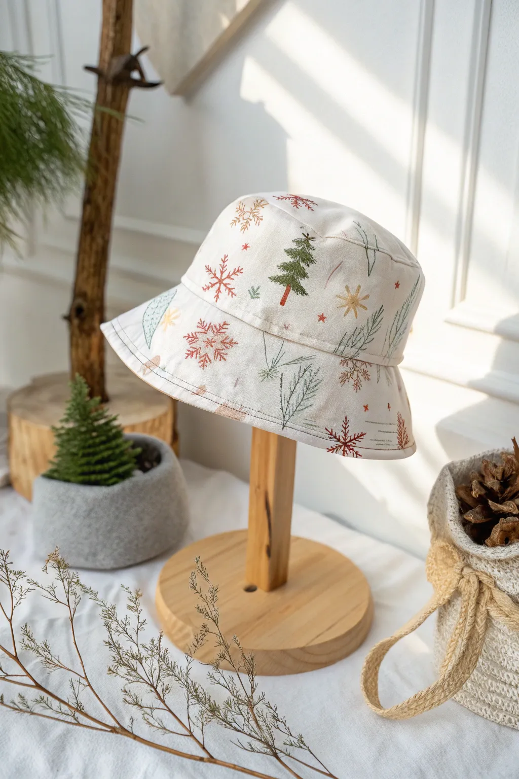 Add a touch of festive elegance to your wardrobe with this minimalist holiday-themed hat.