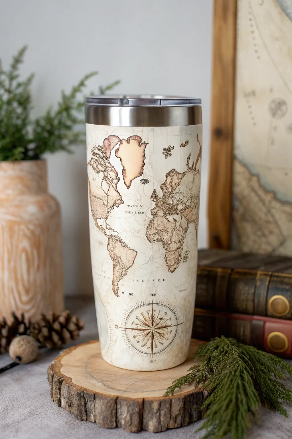 Embrace the wanderlust with this vintage map tumbler, the perfect blend of minimalist design and boho charm.