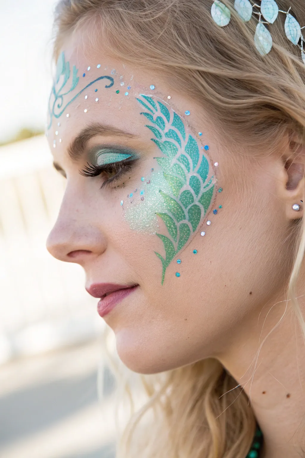 Embrace your inner mermaid with enchanting face art that sparkles like the sea.