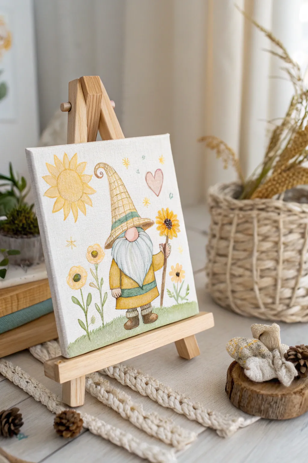 Add a touch of whimsy to your summer decor with this charming gnome painting—perfect for those who cherish simplicity and elegance.