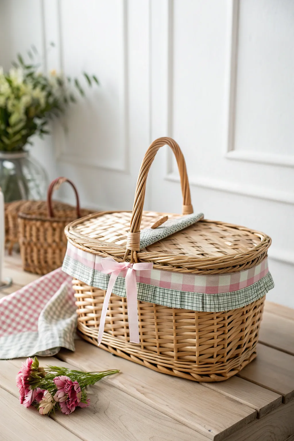 Embrace summer with a charming checkered picnic basket, perfect for your next outdoor adventure.