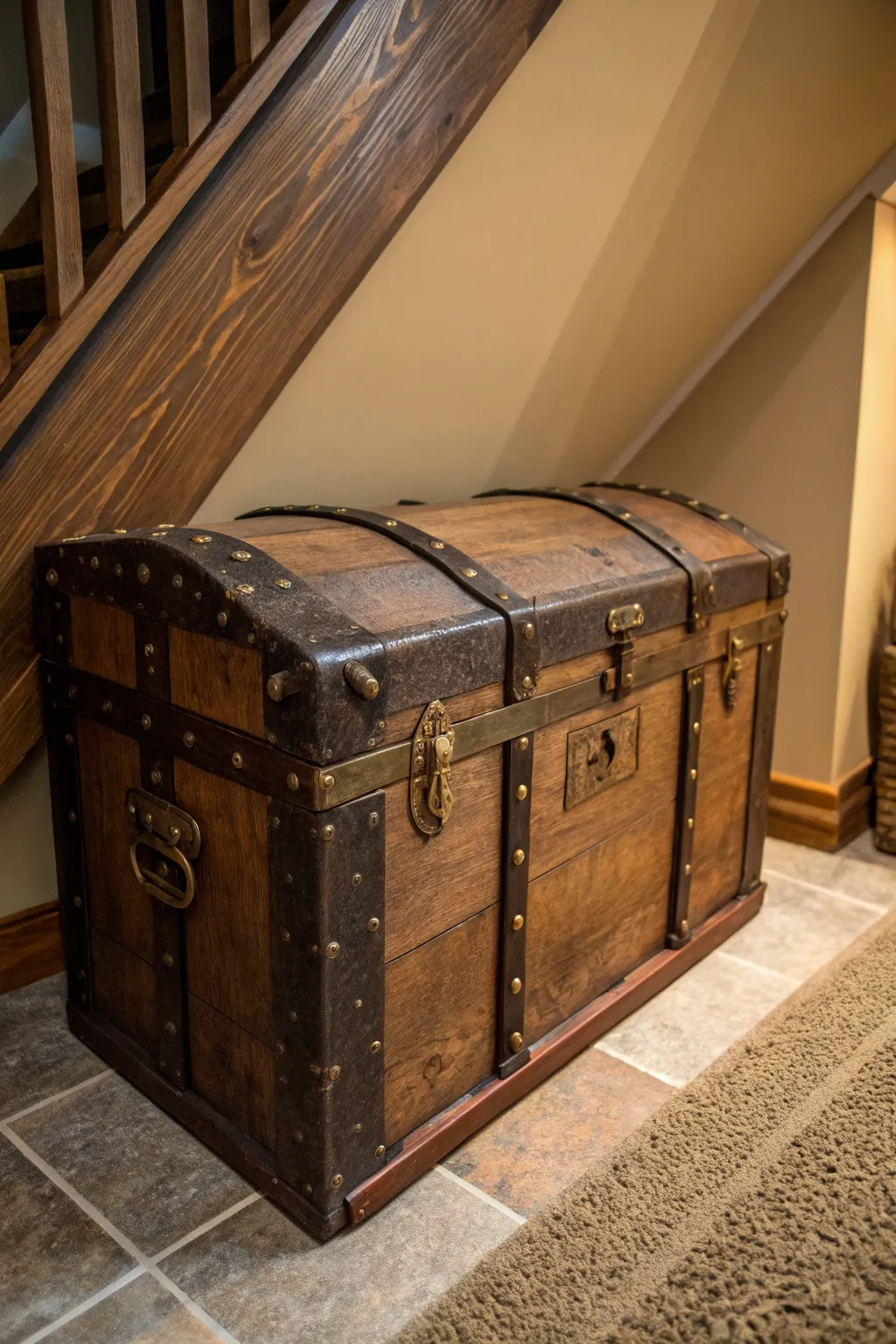 Transform your basement with a vintage touch: a repurposed trunk that marries style and utility.