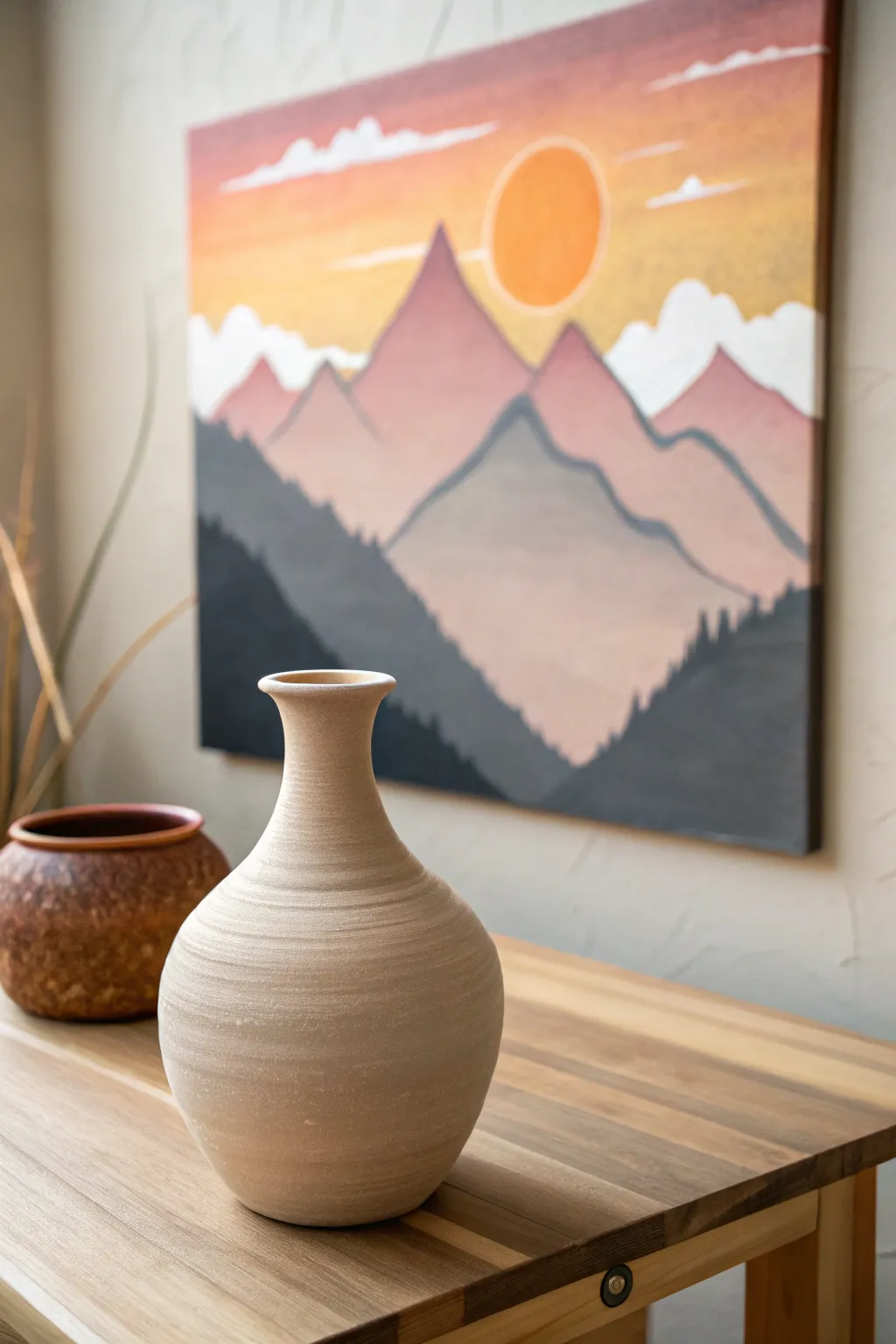 Embrace the serenity of a sunrise over mountains with this minimalist masterpiece.