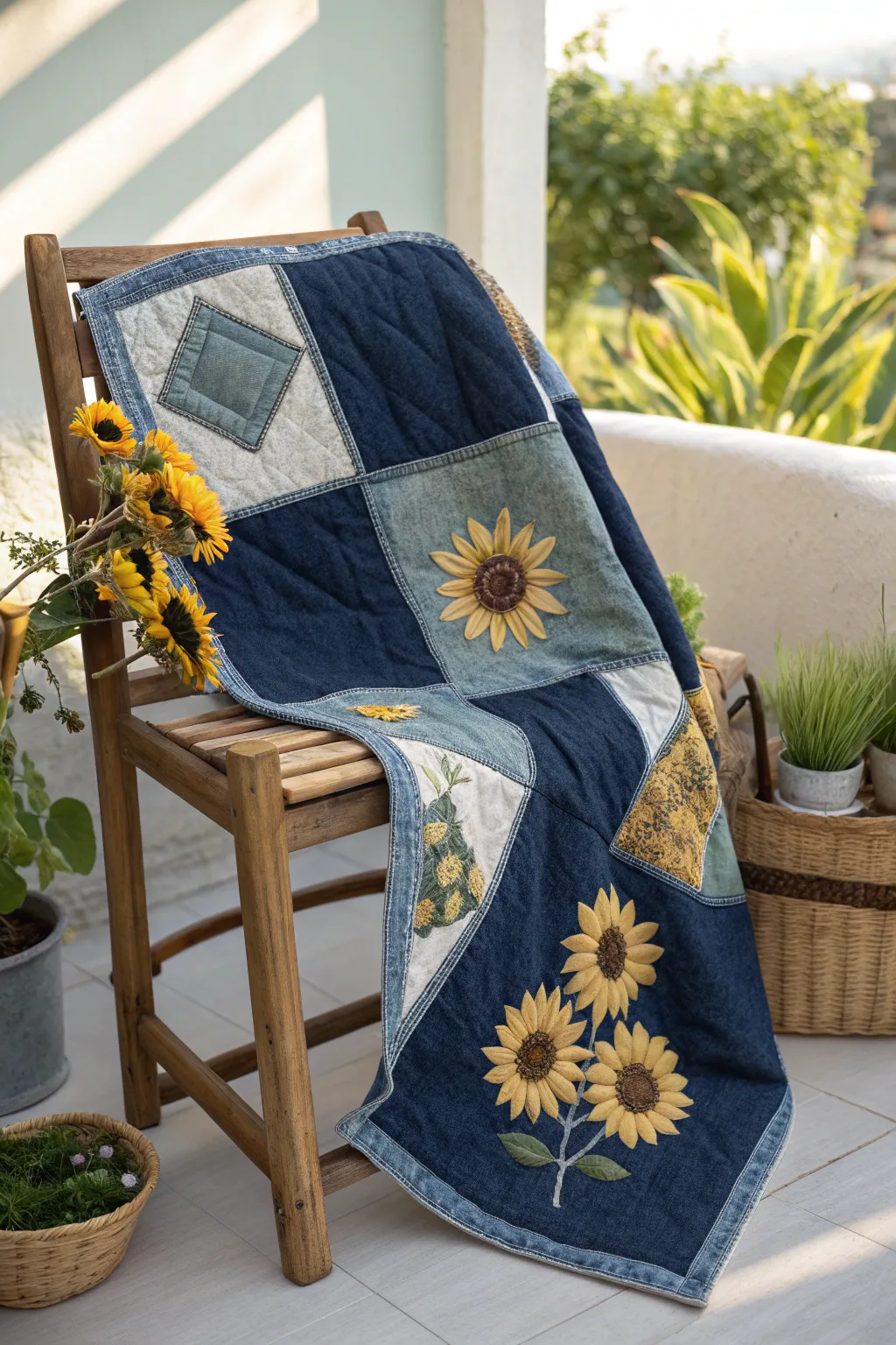 Elevate your space with the rustic charm of a Sunflower and Denim quilt, where rugged meets refined.