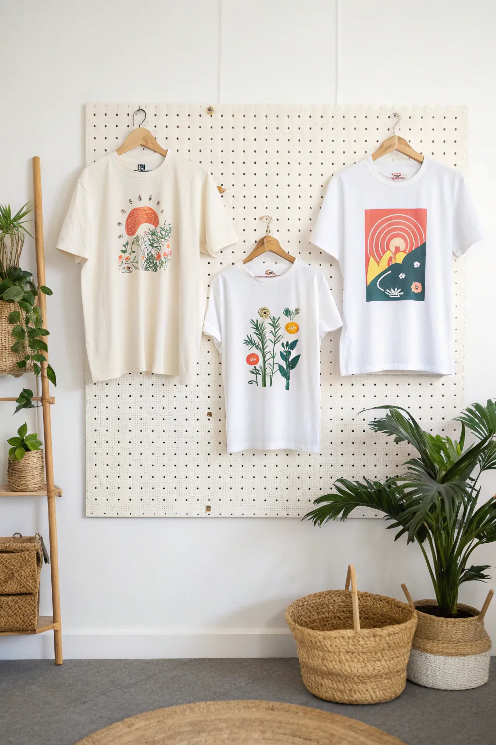 Transform your favorite tees into a chic art display with a minimalist pegboard organizer. 🌿👕 #ScandiBoho #TshirtArt