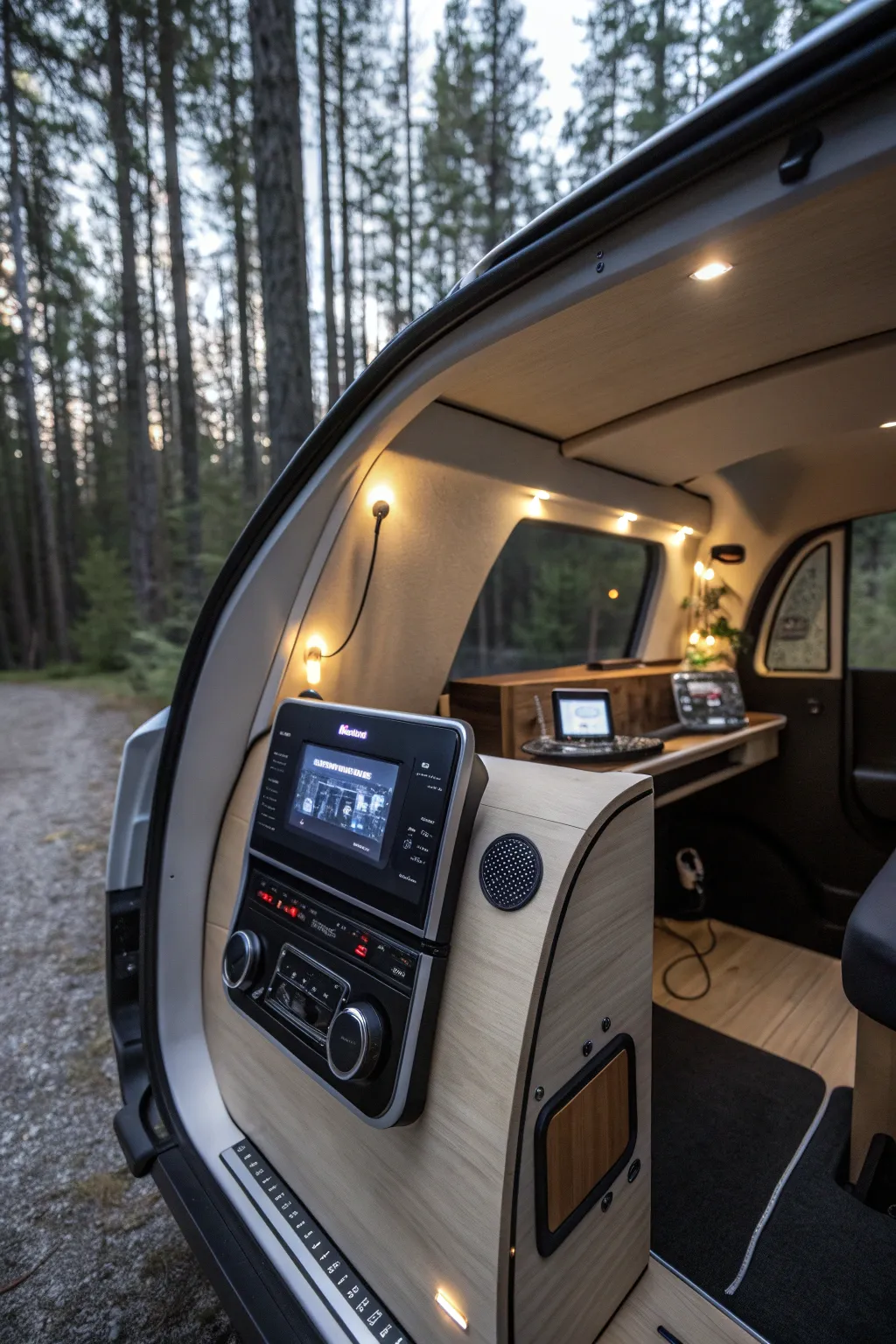 Elevate your camping experience with smart tech integration: style meets functionality in this teardrop camper.