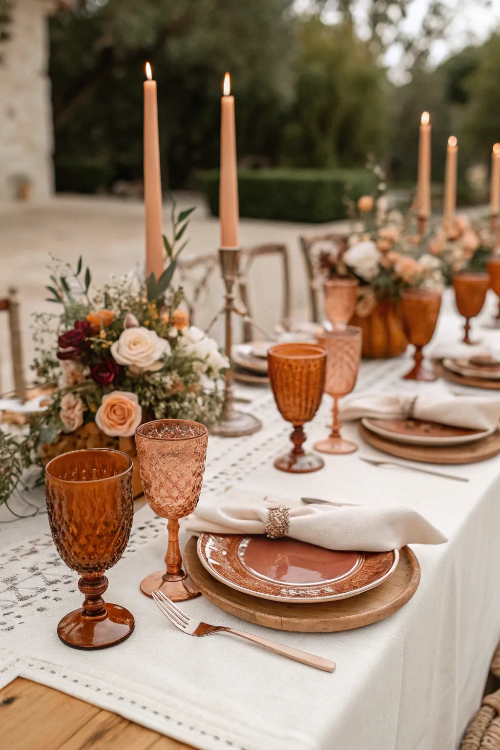 Terracotta-hued glassware subtly enhances the color scheme.