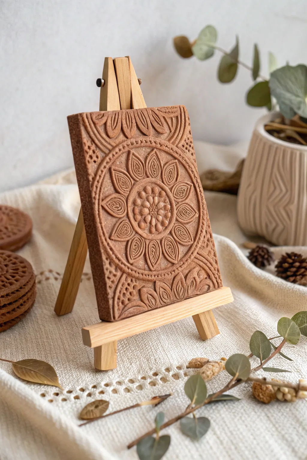 Embrace the beauty of simplicity and sustainability with this handcrafted clay art panel.