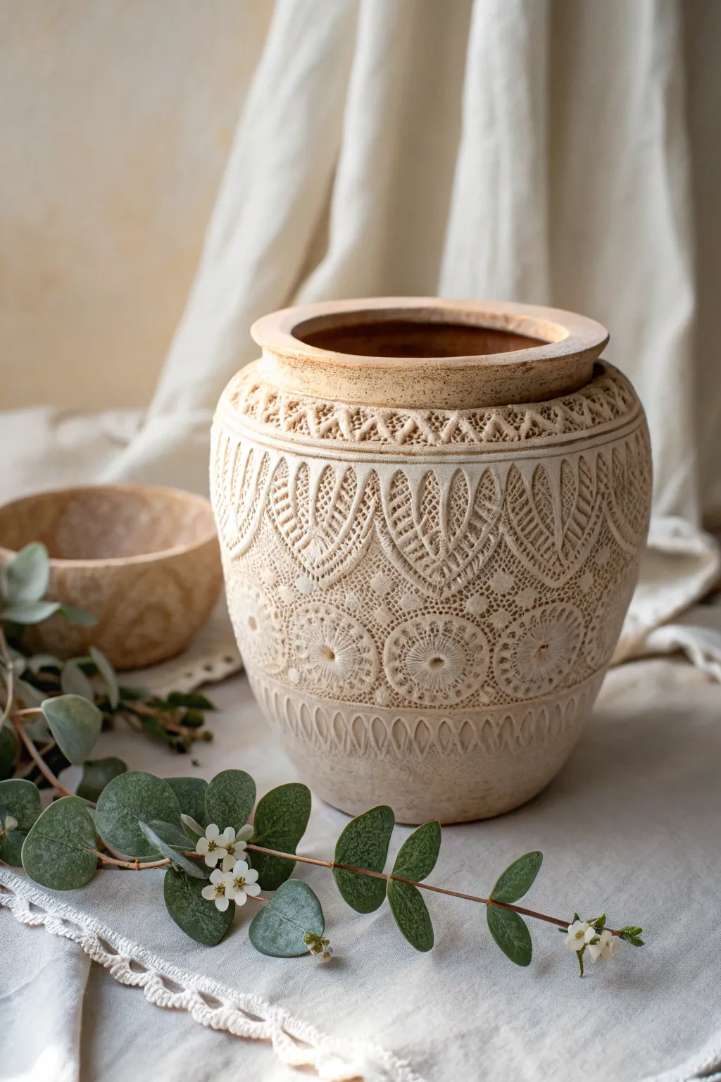 Embrace vintage charm with delicate lace-patterned clay pots, perfect for adding a touch of elegance to your minimalist decor.