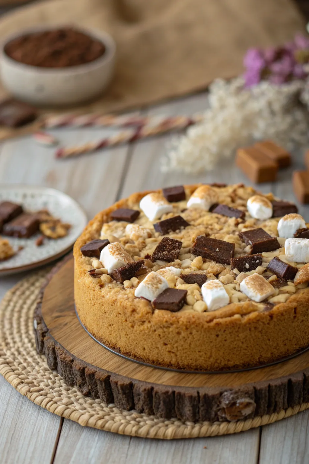Indulge in a slice of cozy elegance with this S’mores Cookie Cake, where campfire nostalgia meets minimalist charm.