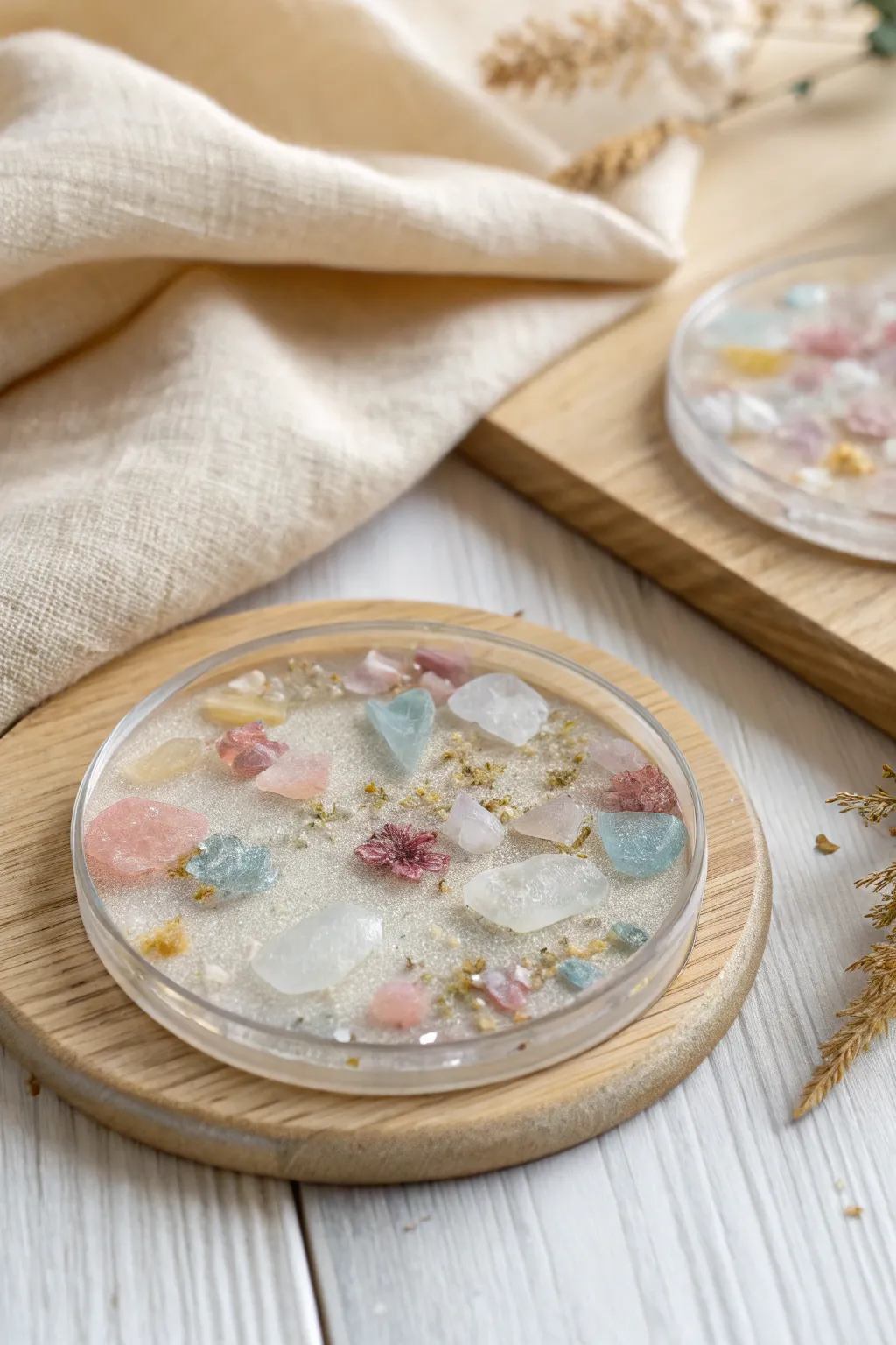 Transform fabric scraps into art with elegant resin creations. ✨