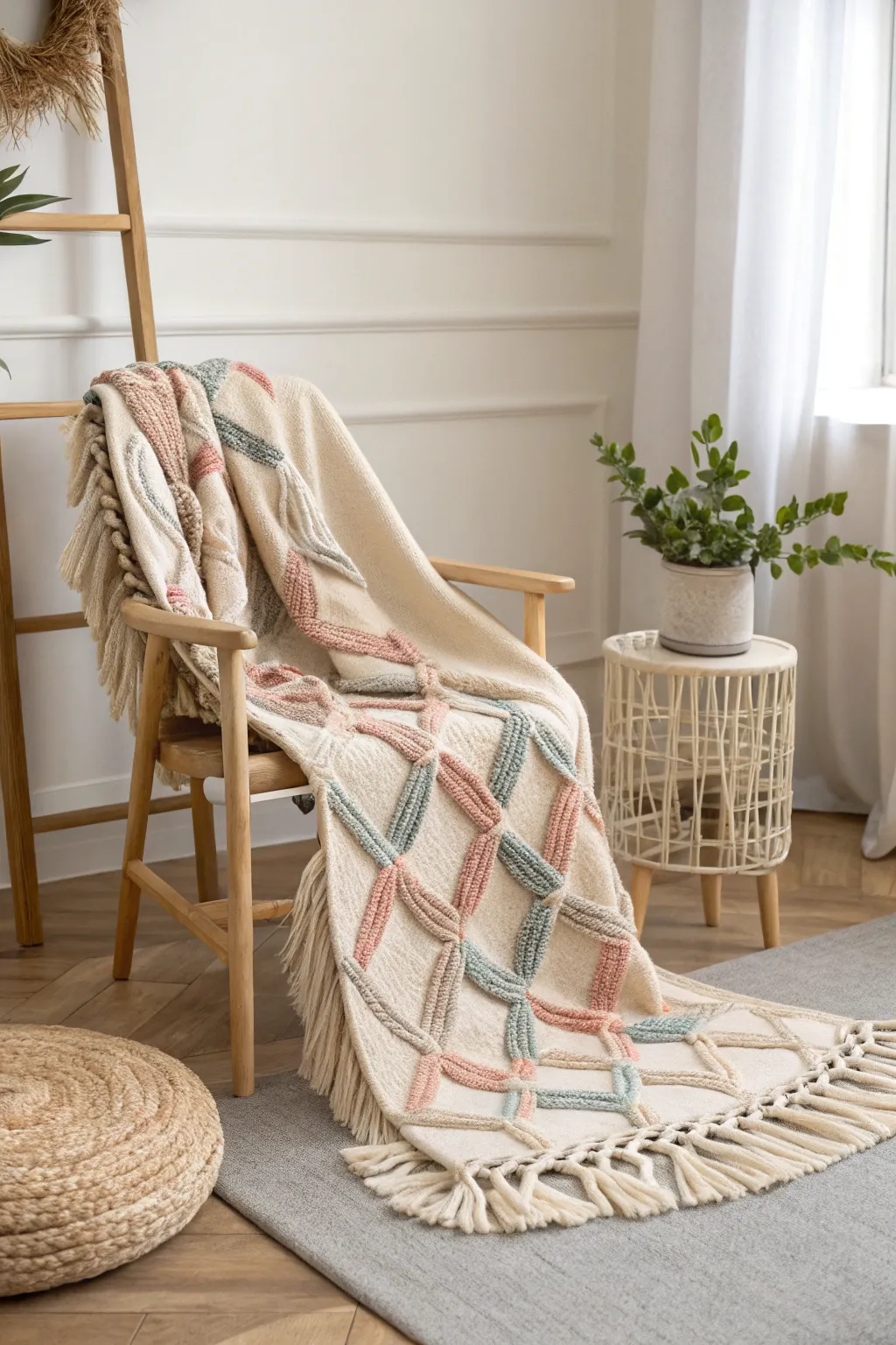 Wrap yourself in sustainable elegance with this recycled fabric tie knot blanket. Perfect for embracing eco-friendly comfort.