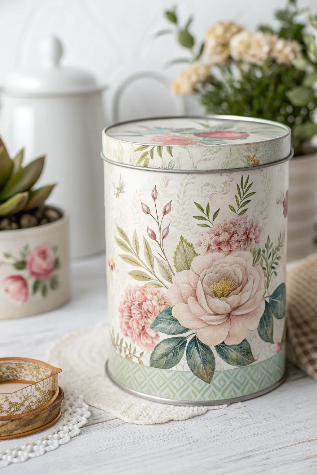 Transform an ordinary tin can into a masterpiece with layered decoupage art.