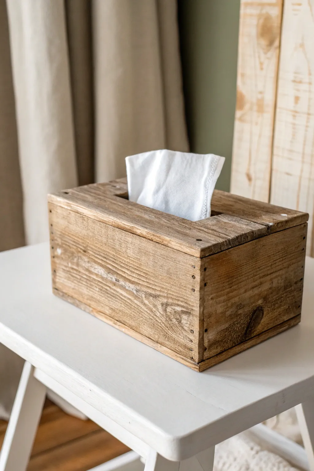Enhance your space with the cozy allure of a rustic wooden tissue box. #RusticCharm #ScandinavianBoho