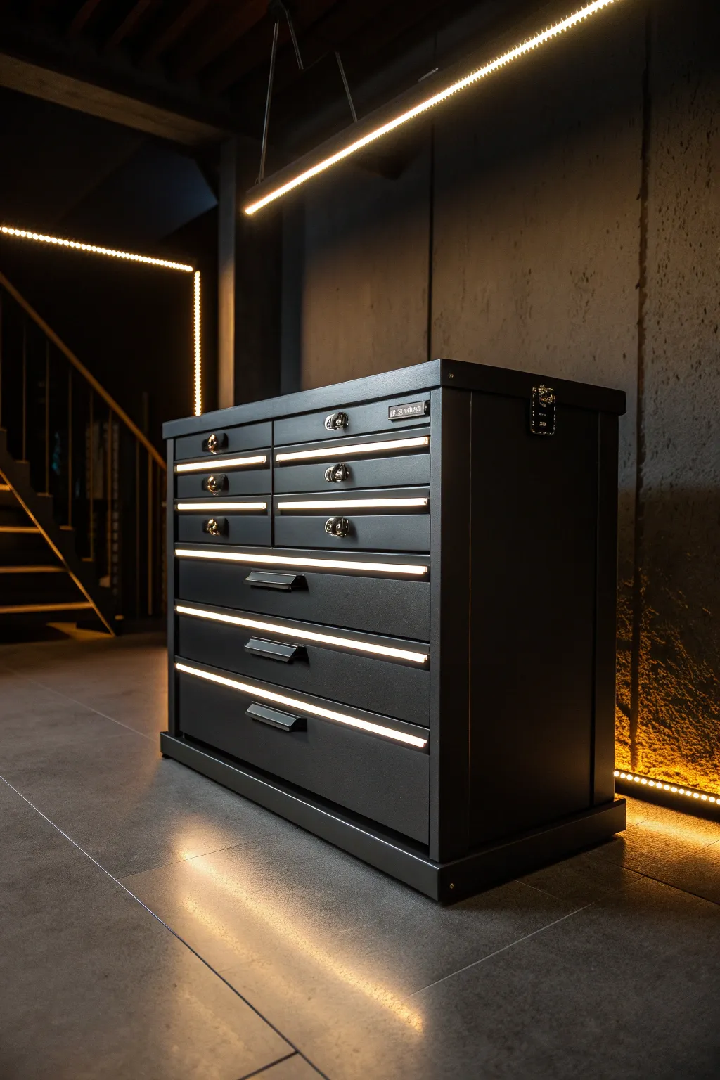 Elevate your space with a tool box dresser that shines—literally. #ModernDesign #LEDLighting