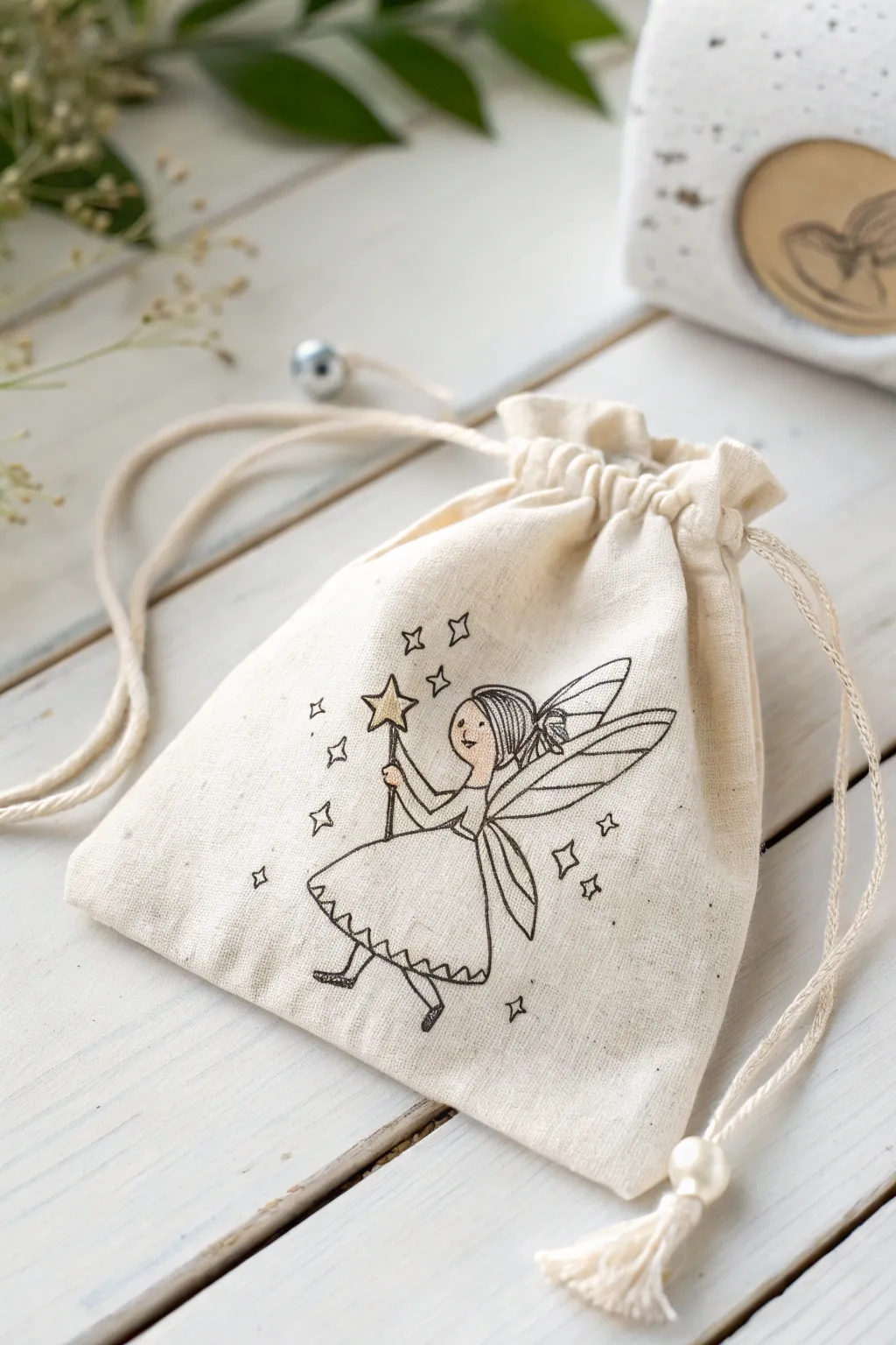 Add a touch of whimsy with a hand-drawn fairy on your tooth fairy bag - where simplicity meets magic.