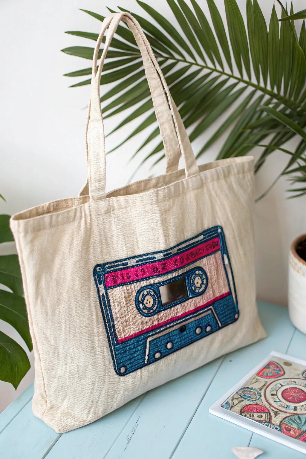 Add a splash of retro flair to your style with this neon cassette tape tote bag!