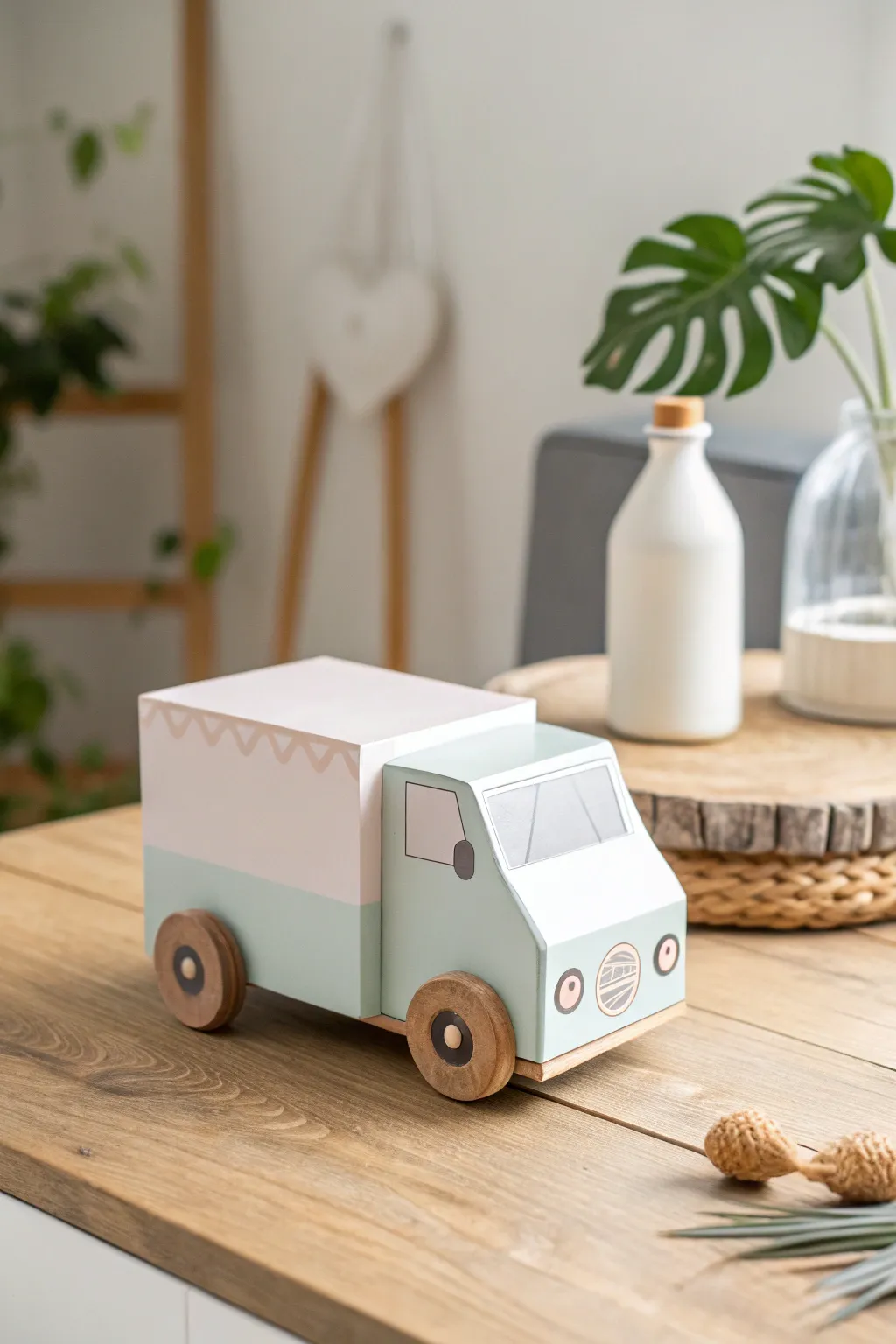 Delight in the charm of handcrafted play with this minimalist milk carton truck, perfect for little adventurers!