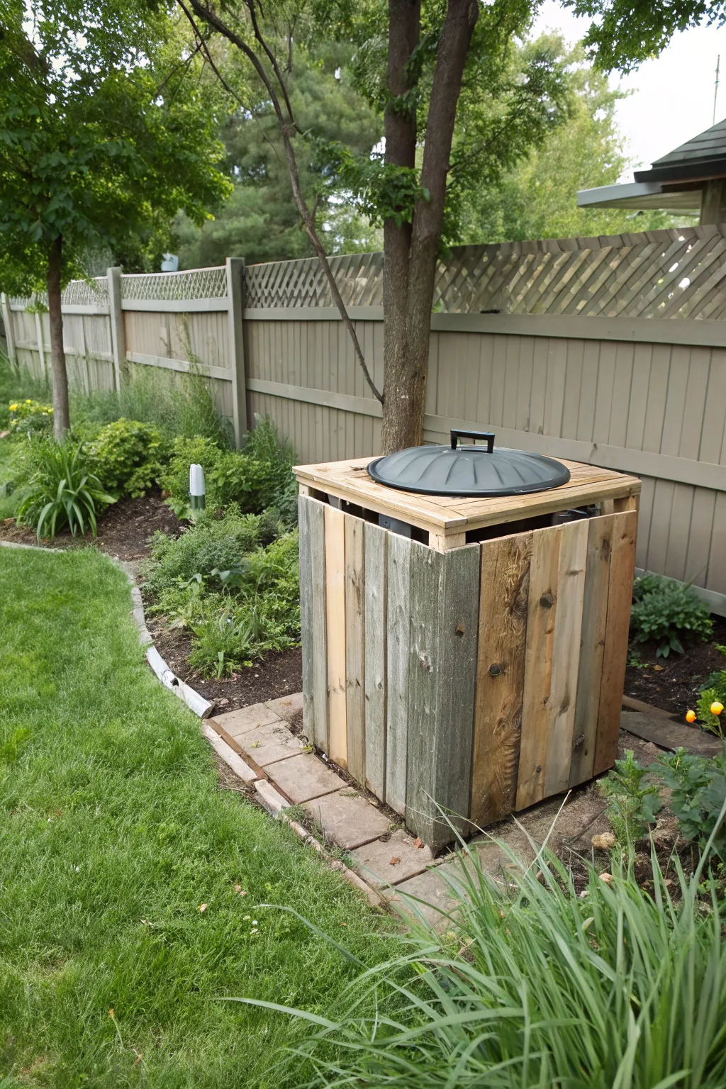 A backyard featuring a trash bin cover crafted from reclaimed materials.