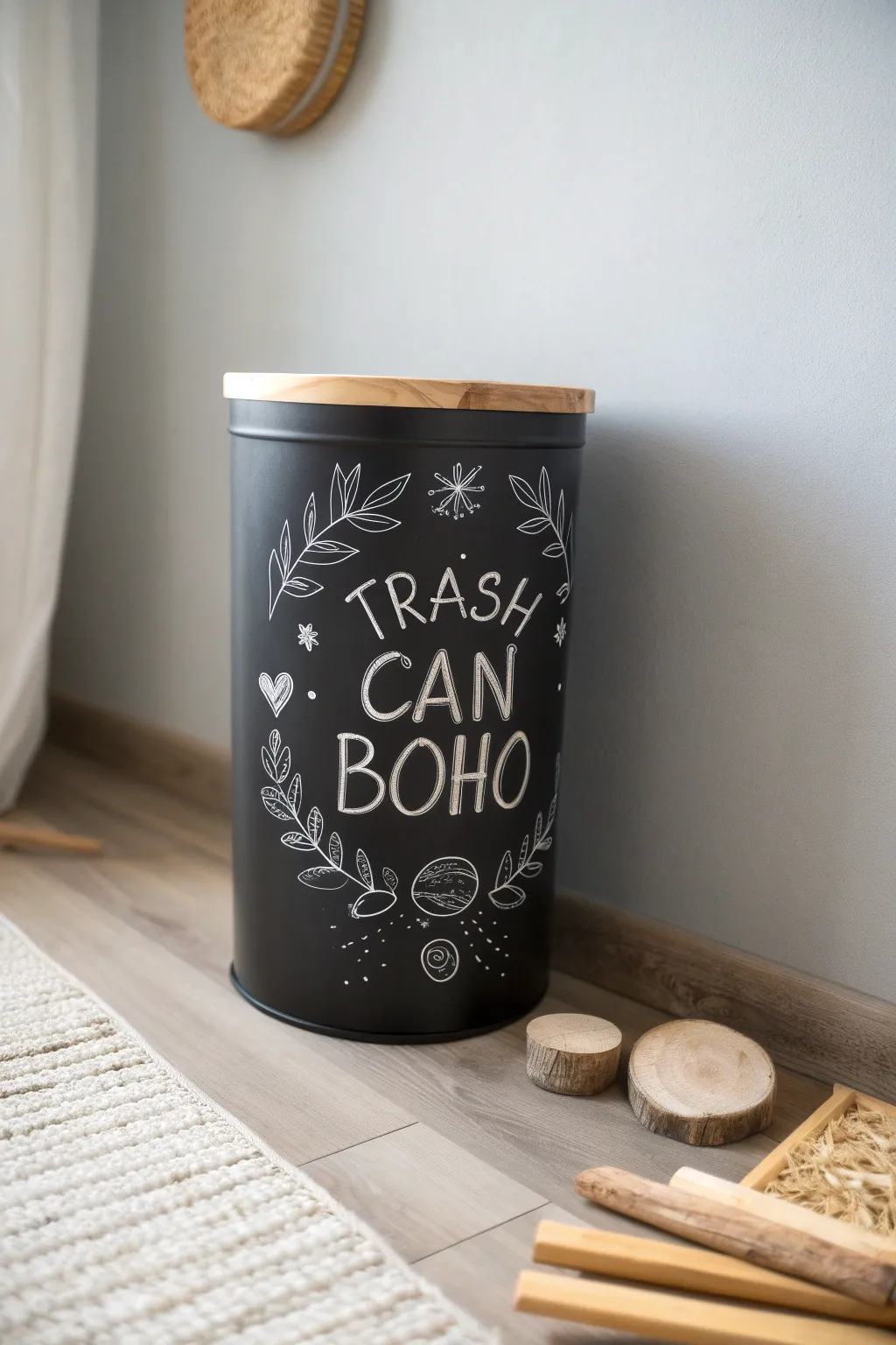 Transform your space with Chalkboard Charm: A trash can that invites creativity and conversation.