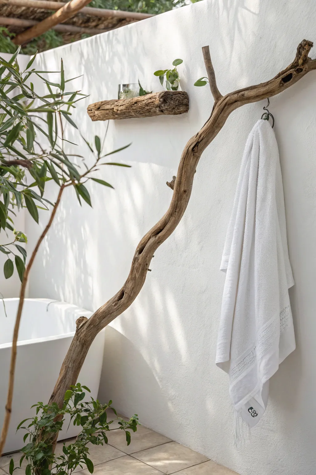 Embrace nature's elegance with a minimalist branch towel rack for a serene bathroom retreat.